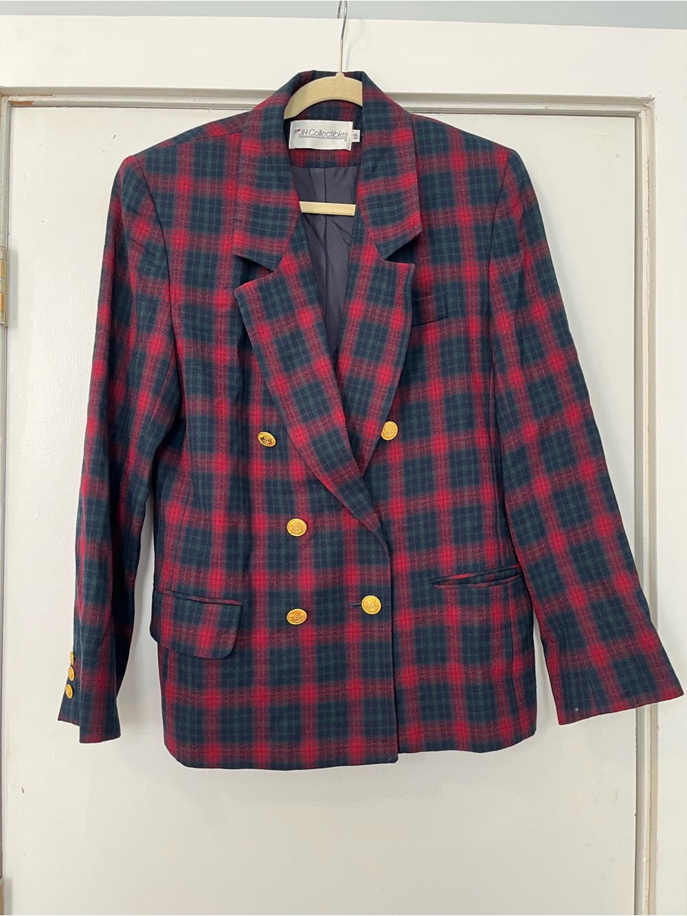 Vintage Red Green Navy Plaid Double-Breasted Blazer gold button wool HOLES